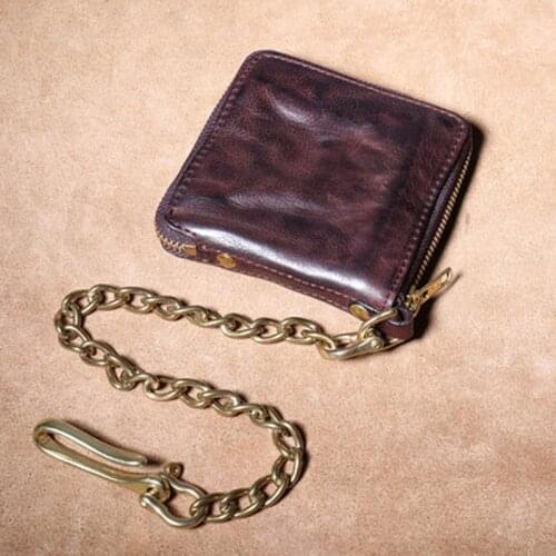 Denim handmade cowhide mens short zipper bag original retro distressed fold wallet copper chain leather cross wallet