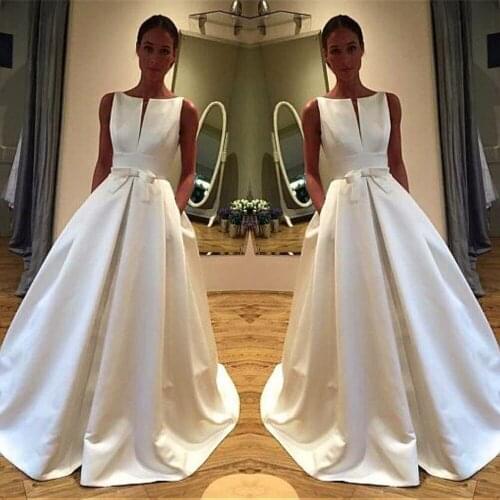 Elegant Satin Bateau Neckline A-line Wedding Dress With Bowknot & Pockets Long Simple Bridal Gowns Robe De Mariee