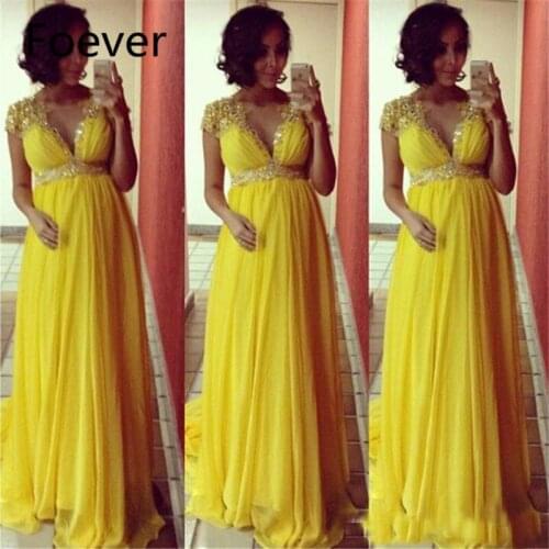 Elegant Yellow Empire Chiffon Maternity Pregnant Evening Dresses With Short Sleeves Beads Crystal Long Formal Party Prom Gowns