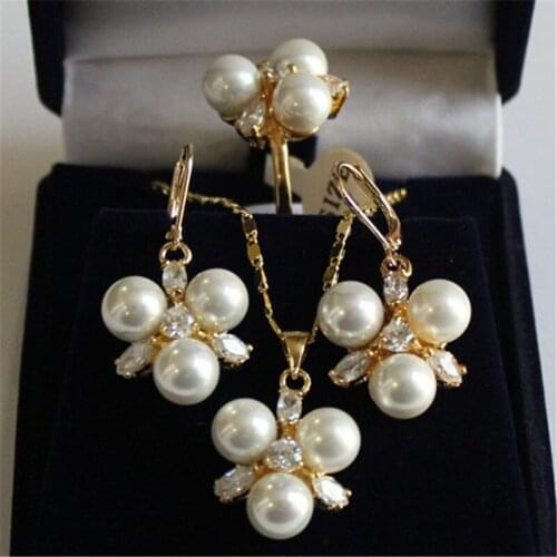 FYS003-2 Multi-color Choices 8MM beads golden Charming Jewelry Shell Pearl Pendant Earring Ring Set free chain