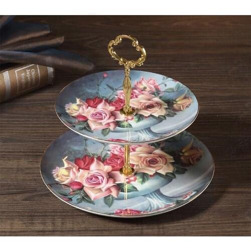 EECAMAIL Classical Rose European Afternoon Tea Three-layer Snack Plate Living Room Luxury Bone China Cake Dish Pastry Double