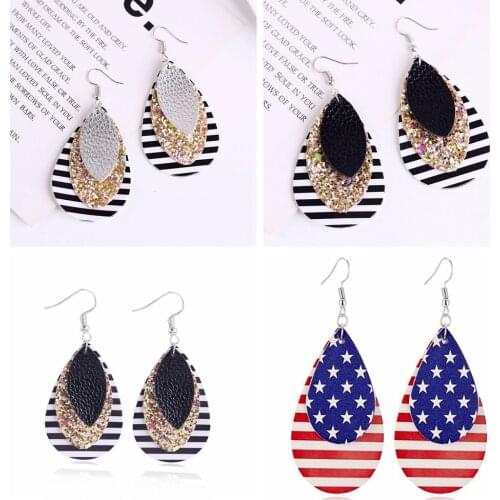 Multilayer Glitter Pu Leather Earrings Zebra-print American Flag Leaf Water Drop Earrings Fashion Jewelry Women Accessories