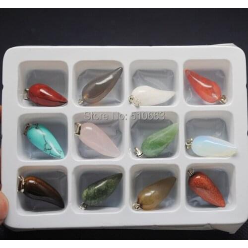 Box Stone Sets,12 Pieces /Lot,Nature Stone Pendant,Gem Stone Pendant Corn Shape,For Necklace Making,Size:10x25mm