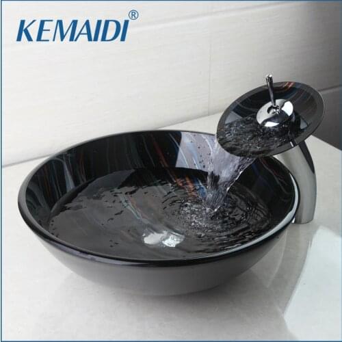 KEMAIDI Combo Set Counter Top Mixer Round Taps Sink Faucet Vessel Drain Bathroom Sink Vanity Waterfall Spout Chrome Bath Set