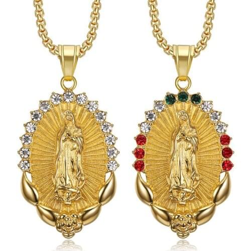 Stainless Steel Gold Colorful Stone Christ Virgin Mary Mama Pendant Necklace Oval Jesus Mama Mary Jewelry For Him with Chain