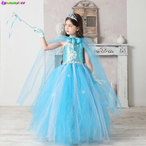 Ice Princess Girl Elsa Tutu Dress Snow Queen Glittery Sparkle Dress for Kids Birthday Party Halloween Costume Sequins Gown Dress