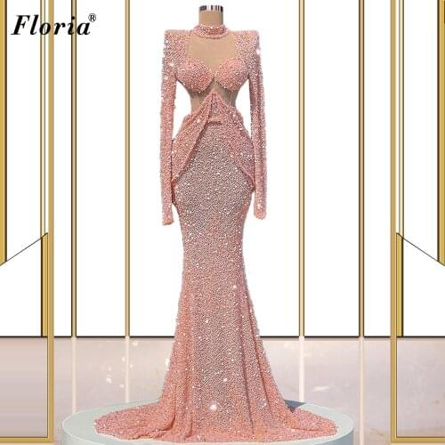 Blush Pink Prom Dresses 2021 Long Sleeves Sequins Cocktail Dresses Formal Evening Gowns Wedding Party Dresses Abendkleider