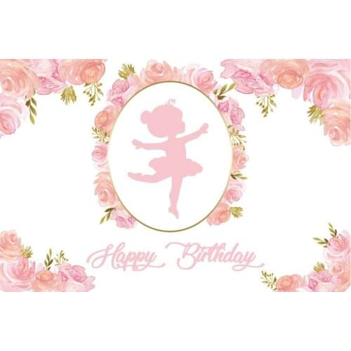 Pink Rose Flower and Angel Happy Birthday Backdrop Holiday Party Room Decor Photo Booth Studio Prop