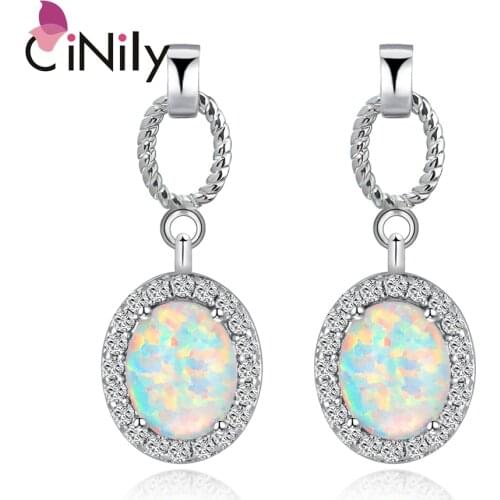 CiNily White Fire Opal Long Earrings Silver Plated Filled Stud Earring With Oval Stone Bohemia Boho Fully-Jewelled Women Girls