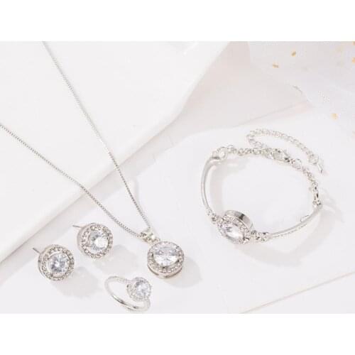 Wedding Bridal Jewelry Set Round Cubic Zirconia Necklace Bracelet Ring Earrings boho