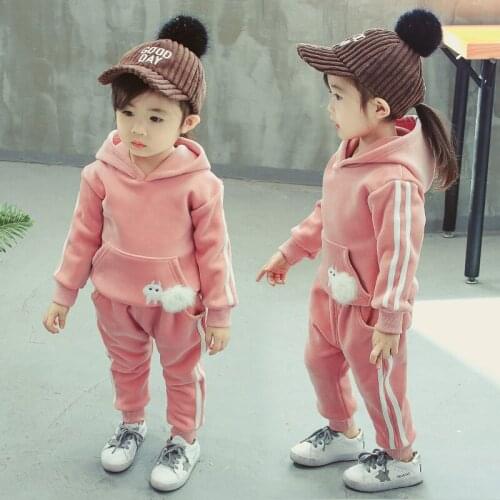 Girls Spring Clothing Set Golden Velvet Clothes Fall Baby Infant Kids Cartoon Sweater Suit Children Hooded Sweatshirt Pants B179