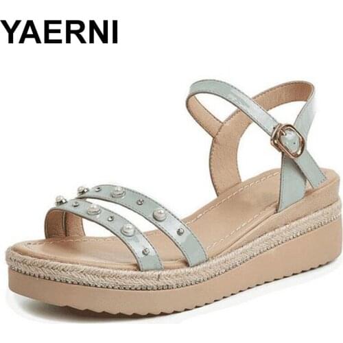 YAERNI summer open shoes woman sandals rhinestone pearl decoration genuine leather sandals women fashion non-slip wedge sandals