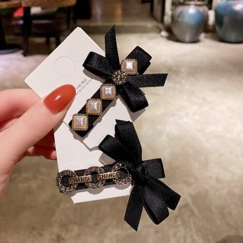 Retro hairpin Korean rhinestone bow clip elegant pearl side hairpin princess butterfly hair accessories hair clips for women