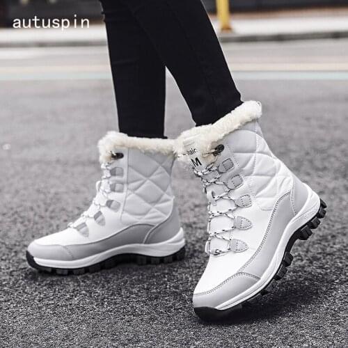 Autuspin Women Mid-Calf Snow Boots 2021 Winter Waterproof Casual Keep Warm Plush Shoes Ladies Lace-up Platform Short Boots Woman