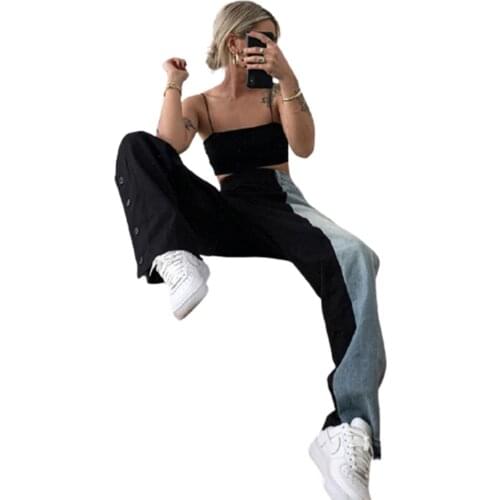 Female Jeans, Adults High Waist Trouser Loose Pants Straight-Leg Pants for Spring Fall, Blue Black, XS/S/M/L