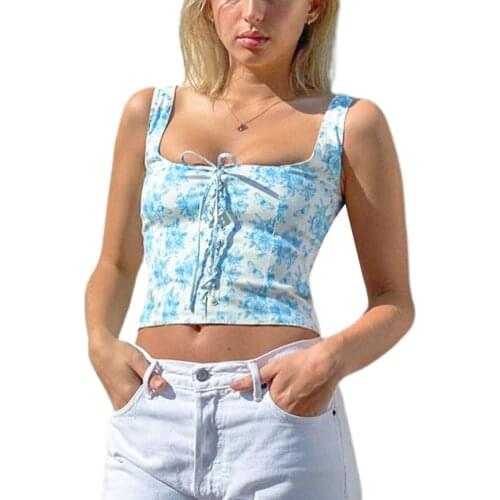 2021 Summer Womens Square Neck Tank Tops Sexy Sleeveless Cross Tie Up Floral Print Crop Tops