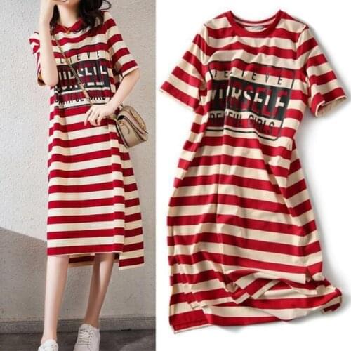 M-3XL Dress Summer Women stripe Print New Casual Red Cotton Long Ladies Dresses Korean Tshirt Dress Robe Femme Dresses R60302