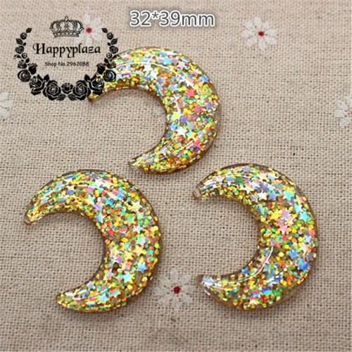 10pcs Kawaii Resin Glitter Gold Moon Flatback Cabochon Art Supply Decoration Charm Craft DIY Accessories,32*39mm