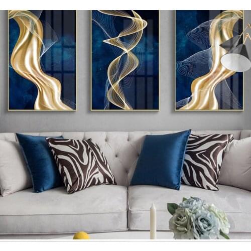 Abstract Canvas Mural Golden Blue Line Wall Art Picture For Home Luxury Decoration Living Room Art Poster Frameless