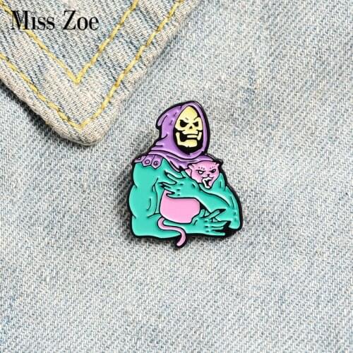 Skeletor purple hood Enamel Pin Skeleton and Cat Badge Brooch Custom Lapel pin for Shirt Hat Bag Gothic Jewelry Gift for friend