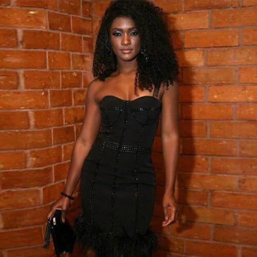 Black Beading Feather Bandage Women Dress Strapless Off The Shoulder Sleeveless Sexy Striped Mini Party Dress
