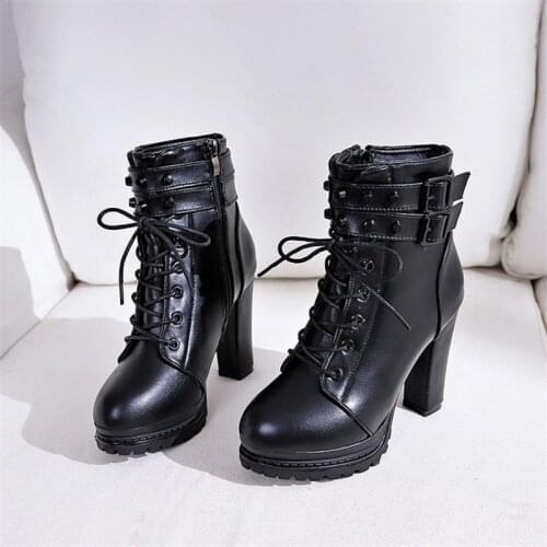 Black Leather Boots Women Shoes High Heel Platform Shoes for Women Heels Korean Style Shoes New Autumn Winter Woman Ankle Boots