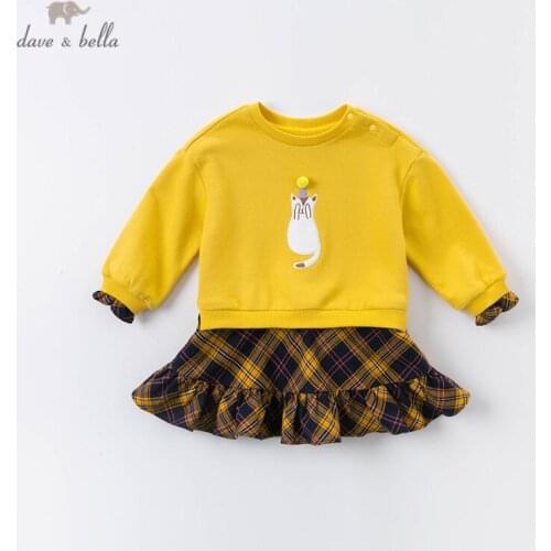 DBM14961 dave bella autumn baby girls cartoon plaid patchwork T-shirt children tops girls cute kids fashion tees