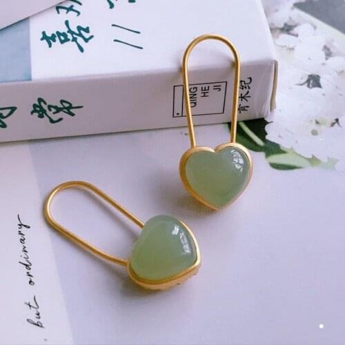 Natural Hetian sapphire heart-shaped earrings S925 sterling silver exquisite loving personality earrings women fashion jade earr