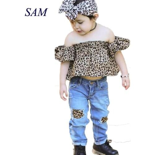 2019 ins hot sale girls fashion clothing sets Leopard raglan sleeve tops + hole jeans sets children'a cotton trend clothes