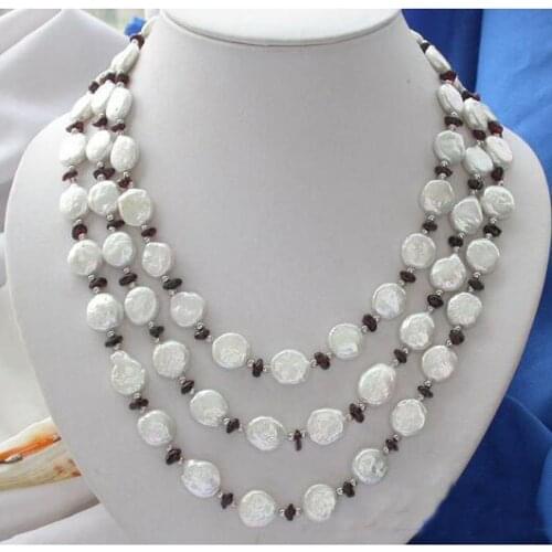 Fashion Pearl Jewellery,3Rows 4-12mm Garnets White Coin Freshwater Pearl Necklace,Perfect Women Chirstmas Gift Jewellery