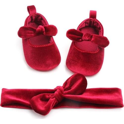 Newborn Baby Girl Soft Gold Velvet Shoes with Hairband Infant Bowknot First Walkers Autumn Spring Red 0-18M