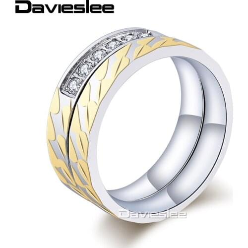 Davieslee Womens Girls Rhombus Pattern Ring Set Stainless Steel Paved Rhinestones Gold Silver Color 4mm LKR117