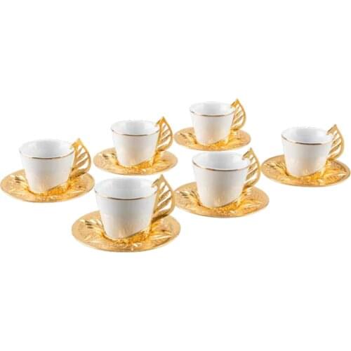 Set 6 Person Turkish Greek Arabic Coffee Espresso Leaf Pattern Gold Silver High Quality Zamac Porcelain Made in Turkey