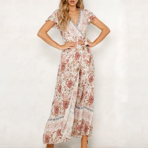 Summer Women Boho Dress Sexy V-Neck High Split Beach Long Dress Causal Elegant Floral Print Short Sleeve Maxi Dresses