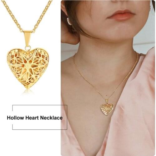 Hollow Heart Pendant Necklace Stainless Steel Women Charm Gift for Sister Mother Statement Jewelry