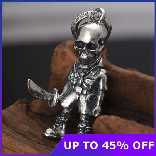 Real 100% 925 Sterling silver jewelry fashion pendant creative personality skull soldier with knife pendant for men and women