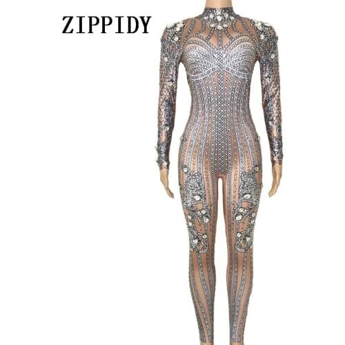 Silver Sparkly Rhinestones Jumpsuit Big Stones Bodysuit Womens Performance Party Celebrate luxurious Costume Dance Clothing