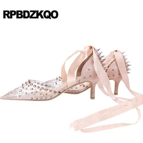 Rivet Luxury Brand Shoes Women Fashion Thin Clear Cross Strap Pink Stud New Spike Scarpin Stiletto Pointed Toe Transparent Pumps