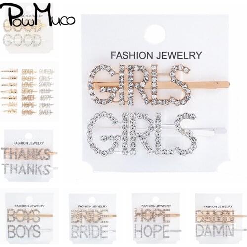 Powmuco 1pair Simple Word Letters Hairpin Shining Crystal Rhinestones Hairclip Women Styling Tool Lady Accessories Birthday Gift