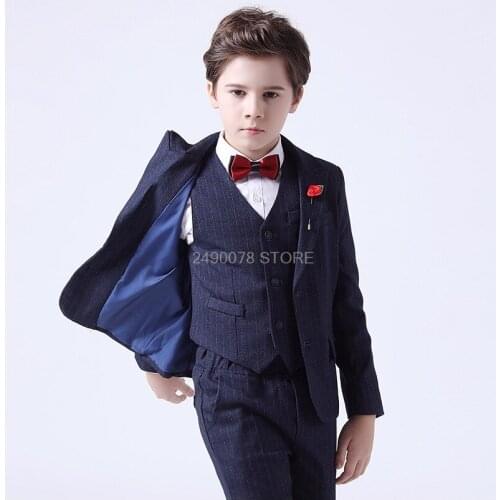 Kids Noble Jacket Vest Pants Bowtie 4Pcs Dress Flower Boys Luxurious Wedding Suit Children Piano Show Performance Party Costume