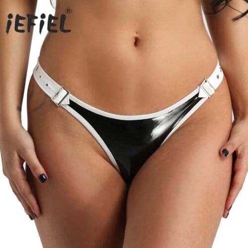 Womens Sexy Lingerie Panties Wetlook Clubwear Faux Leather Waist Buckles Bikini String Homme Briefs Femme Underwear Underpants