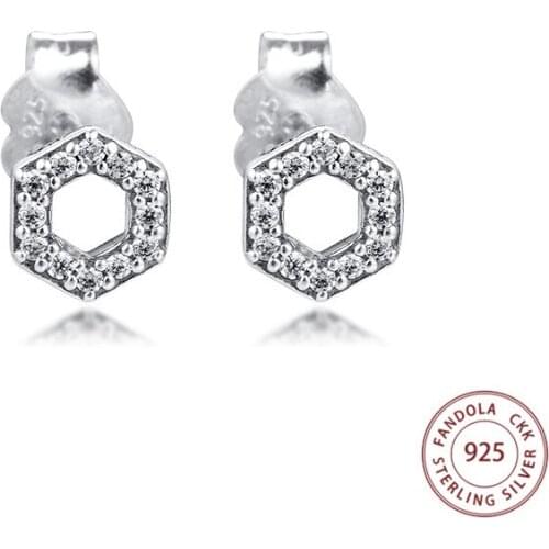 Genuine 925 Sterling Silver Sparkling Honeycomb Hexagon Stud Earrings for Women Ear Statement Jewelry Brincos Wholesale