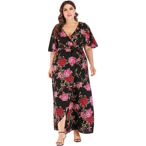 Bandage Spring Summer Dress Women 2021 Casual Plus Size Slim Print Boho Beach Maxi Dresses Elegant Sexy V Neck Long Party Dress