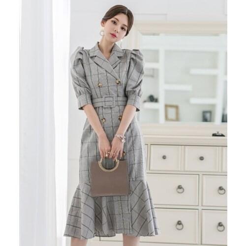 Plaid pattern retro double breasted Trumpet / Mermaid dress female high waist was thin big swing dress with belt F53