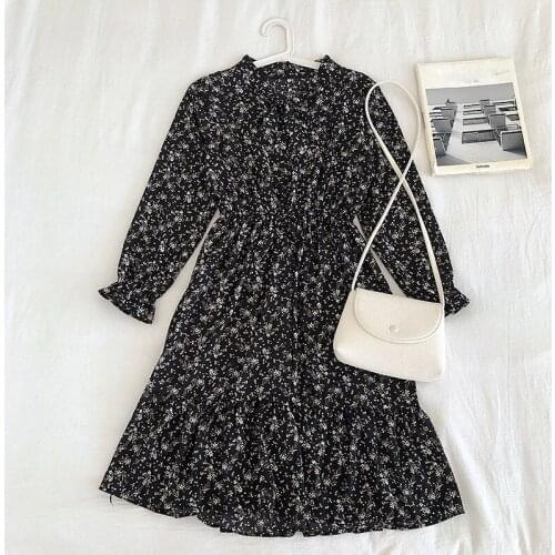 Floral Print Women Dress Spring and Autumn Long Sleeve Vintage Chiffon Bow Tie Neck Office Lady Retro Dress