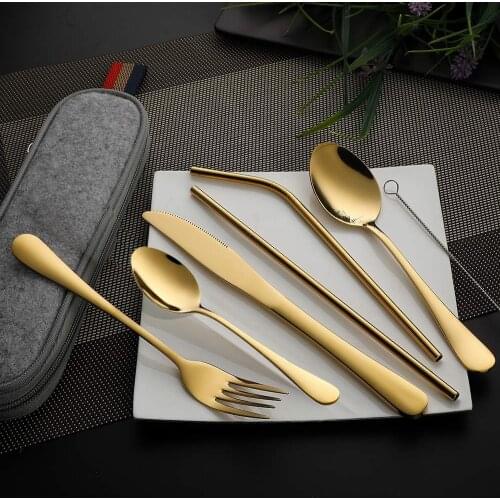 4pcs 7pcs Stainless Steel Cutlery Set tableware set Dinnerware Set Reusable with Metal Straw Flatware