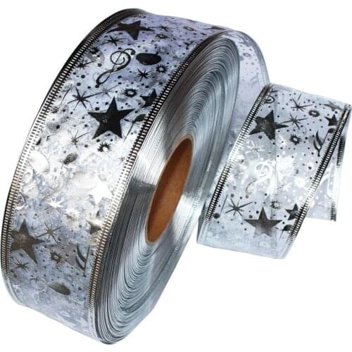 50MM Wide Silver Ribbon Gauze Ribbon Printing Star Christmas Tree Decoration Christmas Present Wedding Wire Edged DIY