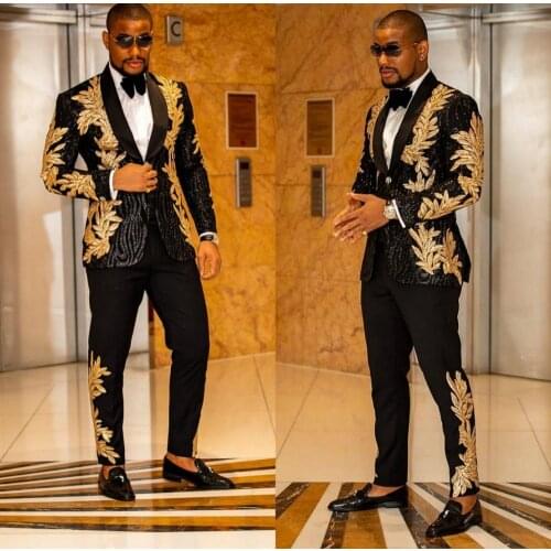 Black Men Suits With Embroidery Beaded Two Pieces Shawl Lapel Designer Wedding Tuxedos Gold Mens Jacket and Pants