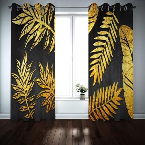 Curtains Decoration European 3D Curtains For Living room Blackout Golden leaves on black background Decoration curtains