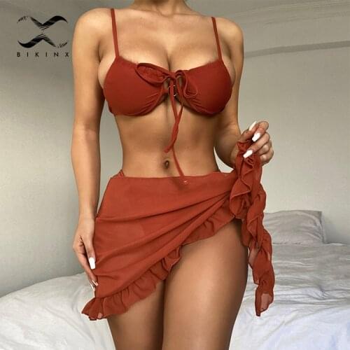 3 pieces ruffle skirt swimsuit Underwired push up bikini 2021 High cut swimwear String swimming Solid bathing suit Beach wear